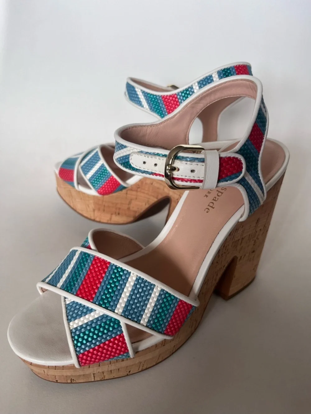 Kate Spade Grace Striped Raffia Platform Sandals w Dust Bag Size 7.5